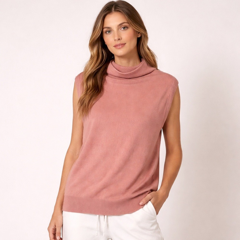Minimalist‎ Mauve Pink Knit Top Vila Milano Mock Neck Cap Sleeve Medium